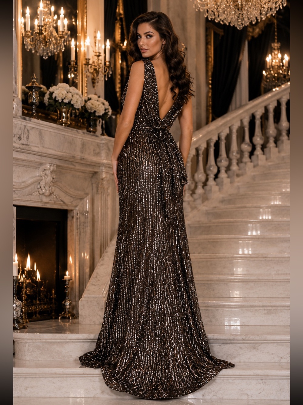 NWT IEENA Mac Duggal 26331 Bronze Sequin Cowl Back Gown Gala Military Dress Sz12